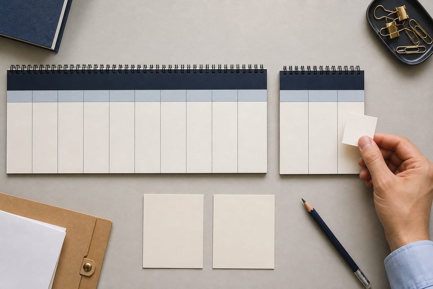 A day card from the end of a long month meets a shorter calendar beside two blank choice cards.