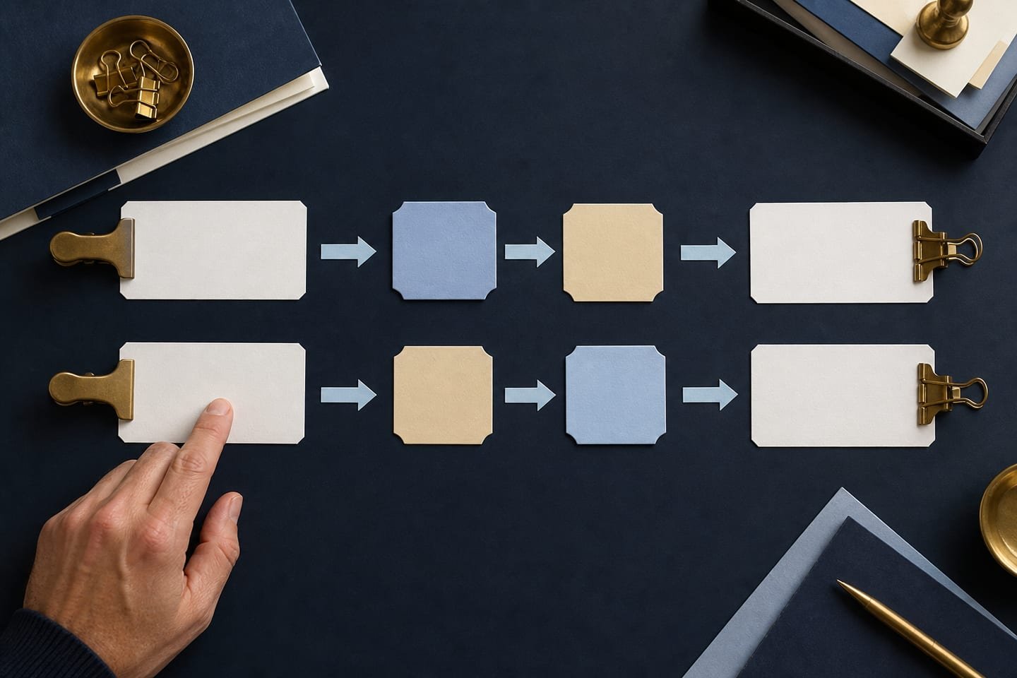 The same starting date card follows two physical paths where month and day adjustments occur in opposite orders.
