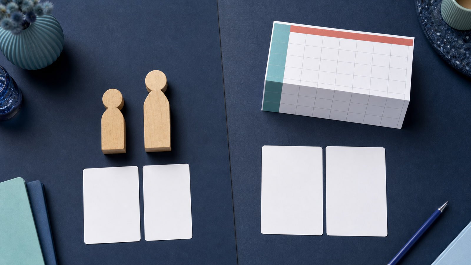 Wooden figures, paired blank date cards, and a folded calendar compare two date concepts.