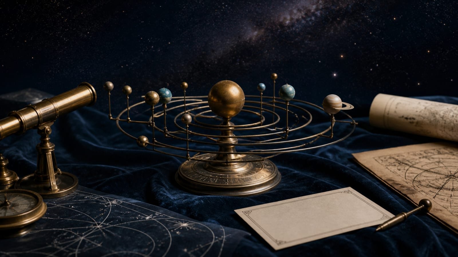 A brass astronomy model, telescope, and blank calculation card sit on deep blue fabric beneath a softly visible star field.