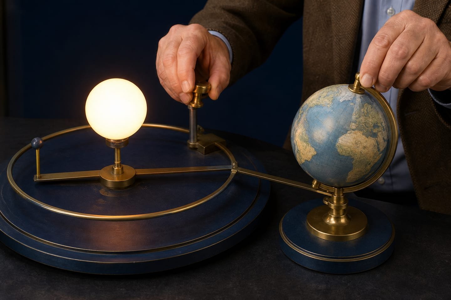 A physical astronomy model separates an orbital track from a small rotating globe on a museum worktable.