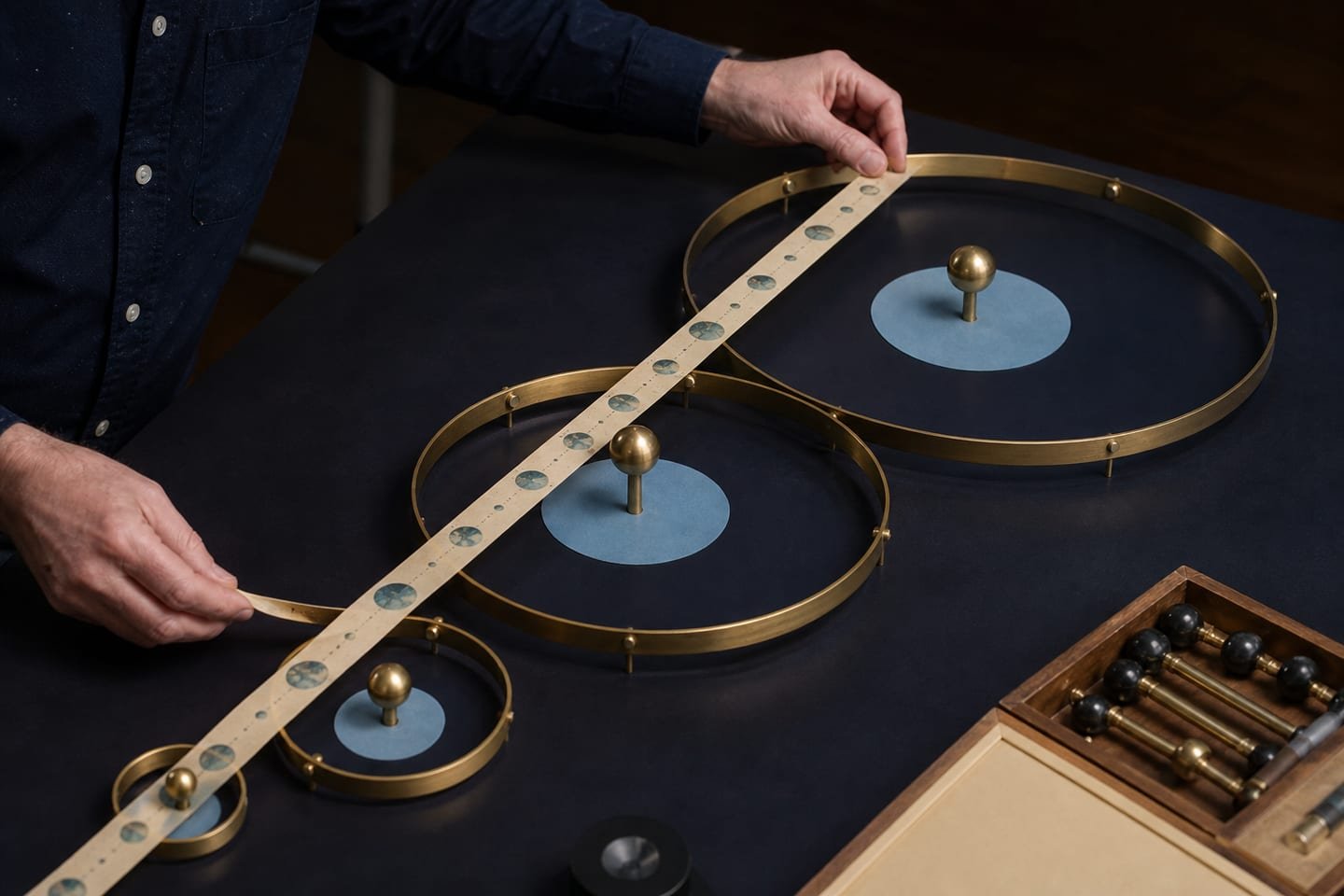 One Earth elapsed-time ribbon is measured against several differently sized physical orbital loops on a science workbench.