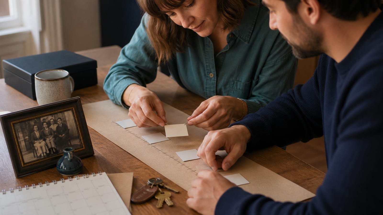 Two people sort blank memory cards along a personal timeline beside an old photograph, a calendar, keys, and a small keepsake.