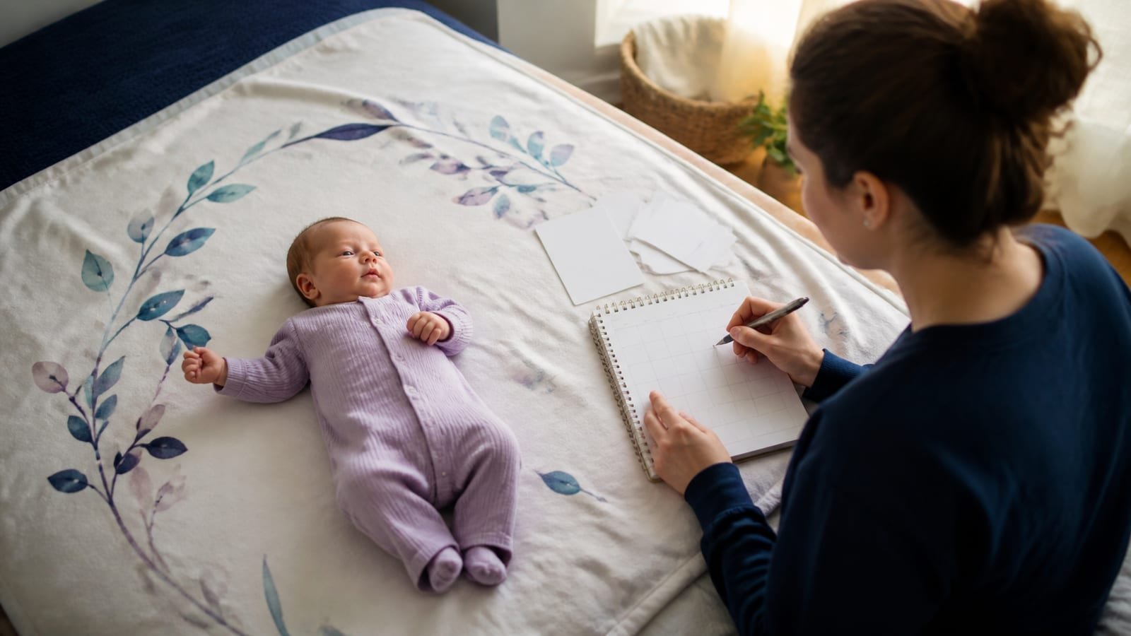A parent records a baby's age beside a soft milestone blanket, weekly cards, and a monthly calendar in a calm naturally lit room.