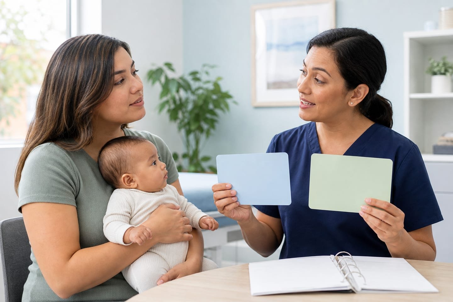 A caregiver and pediatric clinician review separate blank chronological and corrected-age records during a calm visit.