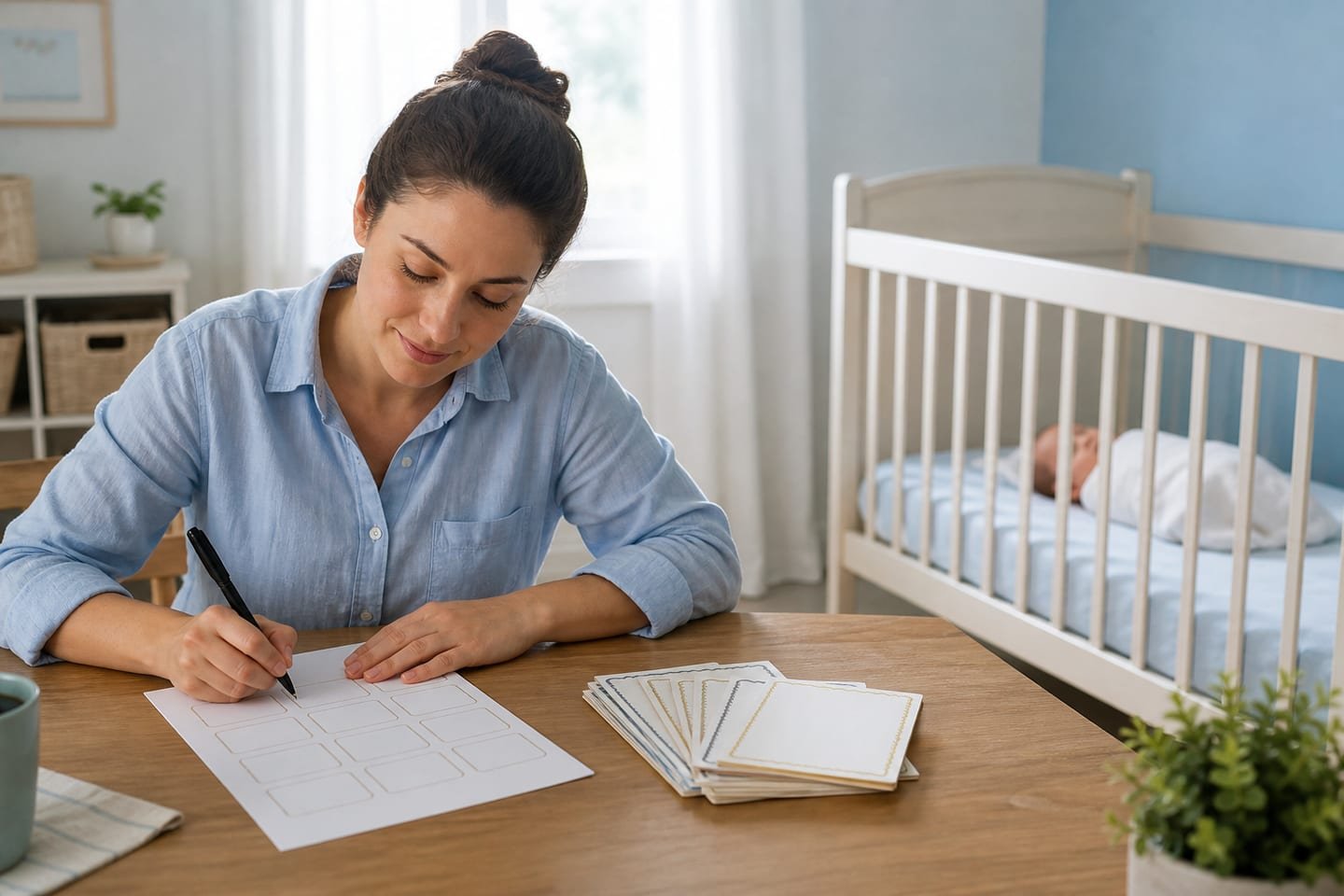 A parent records seven-day blocks separately from monthly anniversary cards beside a resting baby.