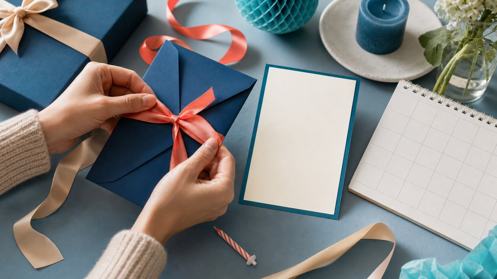 Hands tie a coral ribbon around a navy invitation beside a blank card and calendar.