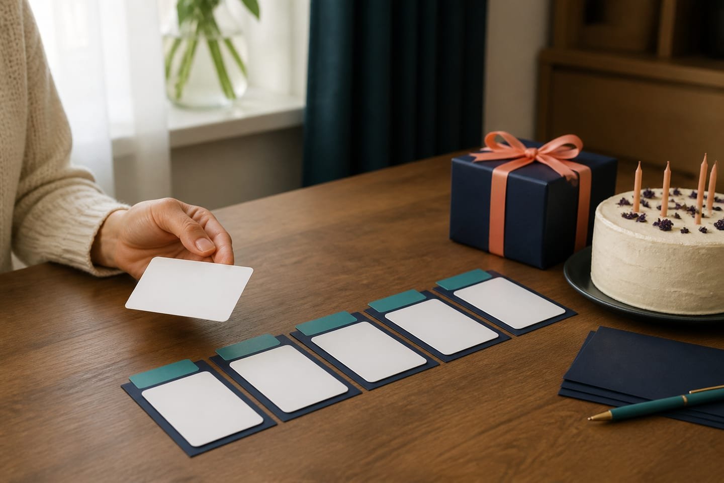 A short row of weekly planning cards leads toward a wrapped gift and a simple birthday cake.