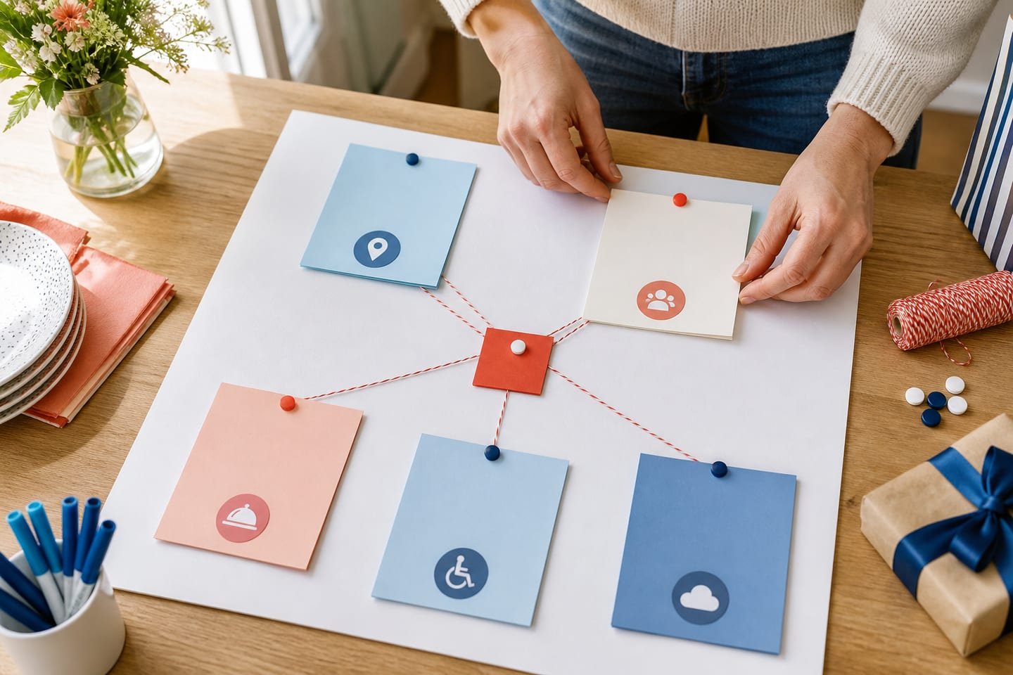 A host groups blank cards for venue, guests, food, accessibility, and weather around one event-date marker.