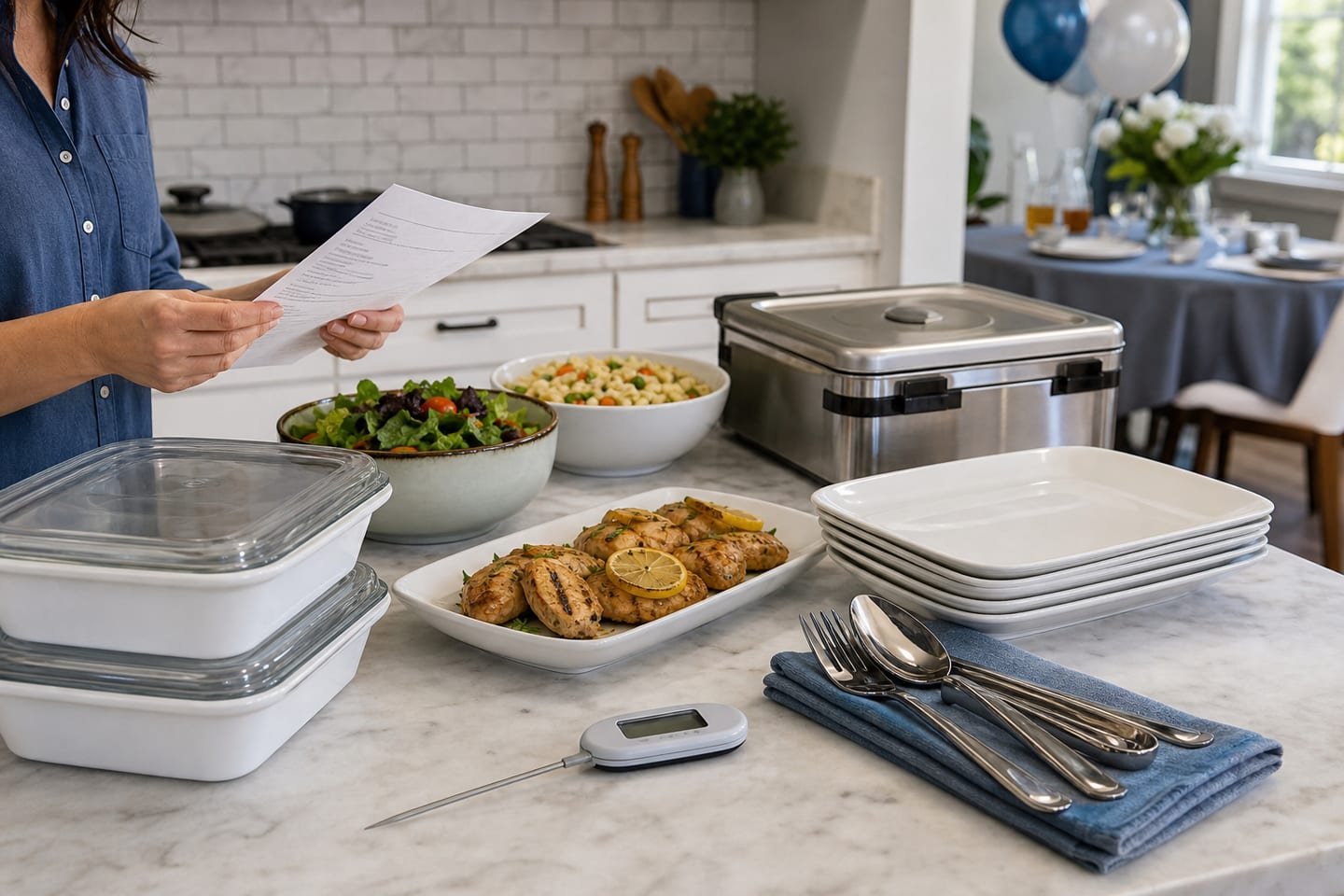 A host organizes small covered serving dishes, a clean food thermometer, and replacement platters before a party.