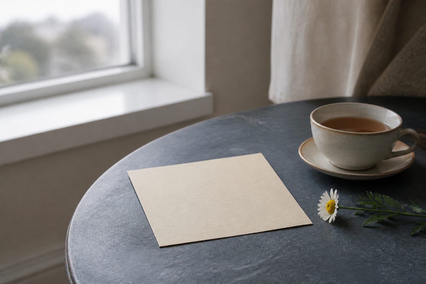 A quiet blank birthday note rests beside tea and a small everyday flower in a calm, uncluttered setting.