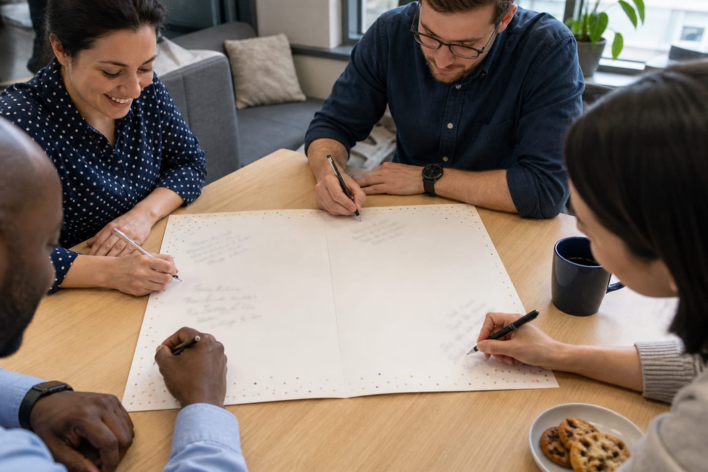 Coworkers add short handwritten lines to different areas of one spacious birthday card without copying each other.