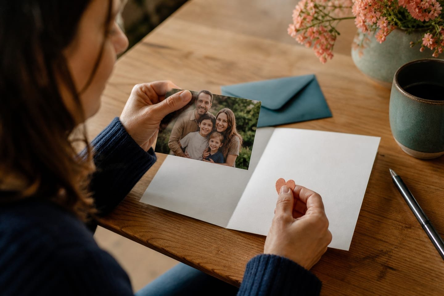 A writer selects one personal photograph before adding a final detail to a blank birthday card.