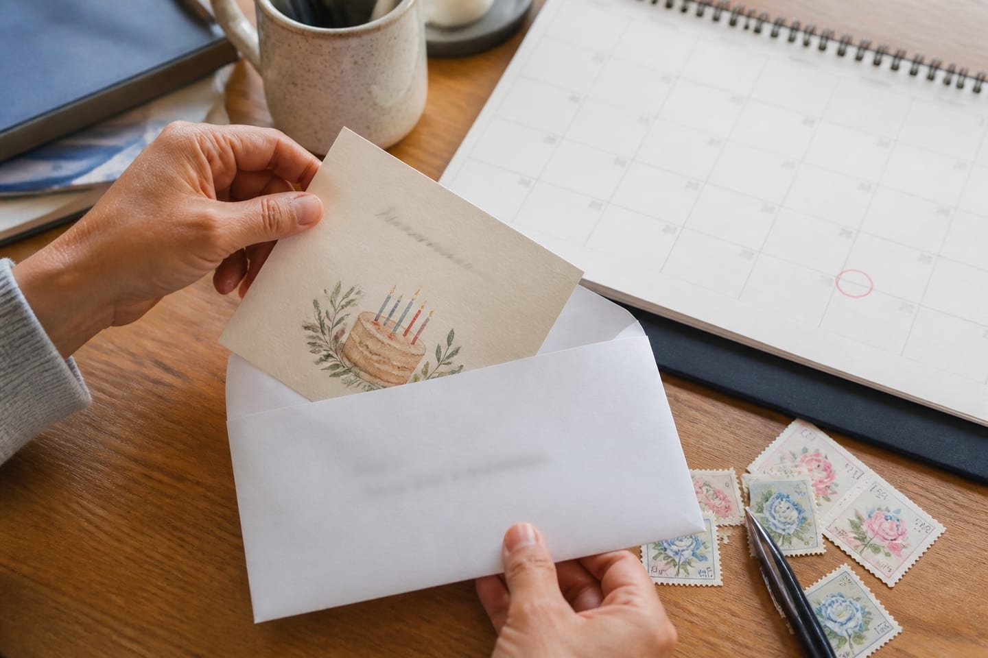 A person places a late birthday card beside a calendar and prepares it for mailing without elaborate excuses.