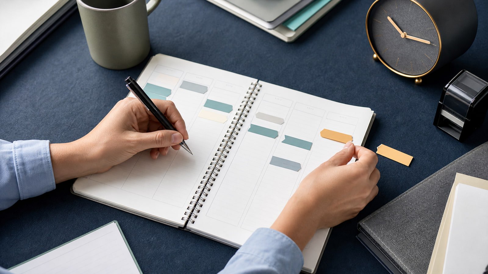 Hands organize weekday markers in a paper work planner beside an office clock and stamp.