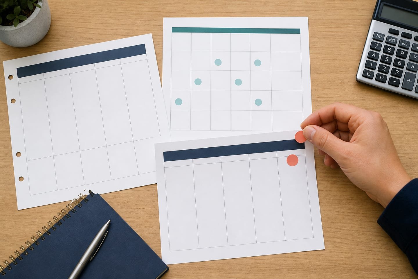 A planner compares a general workweek with a separate local holiday calendar and one removable closure marker.