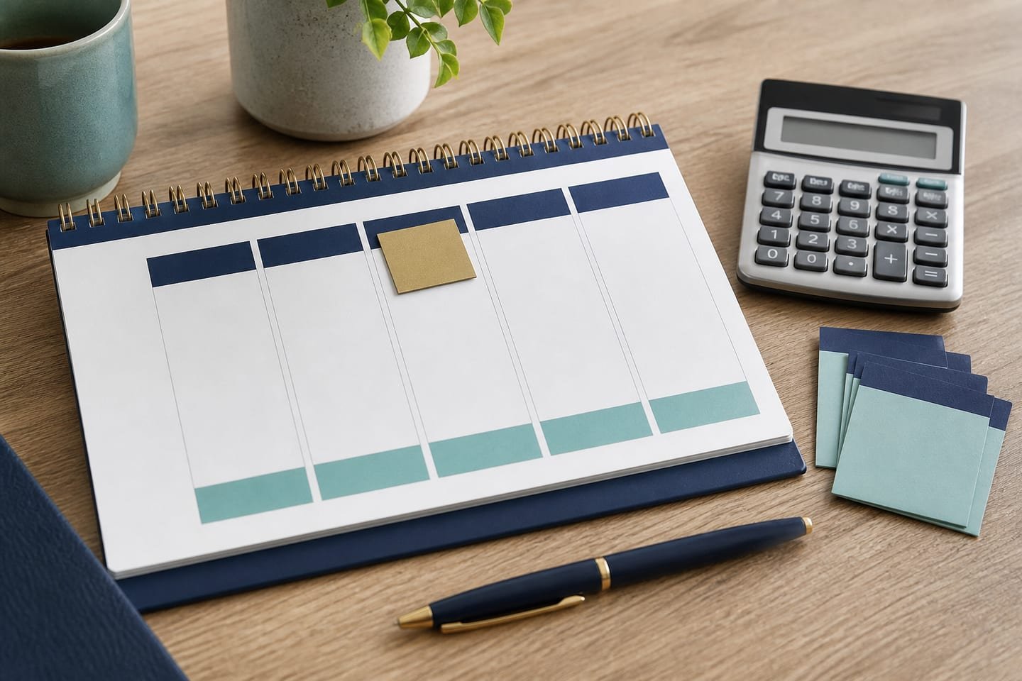 A paper workweek planner uses neutral weekday blocks and one removable holiday marker beside a calculator.
