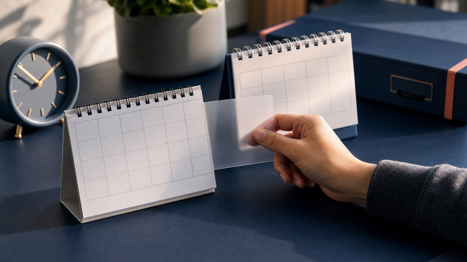 A hand moves a blank date marker between two desk calendars to compare age on a chosen date.