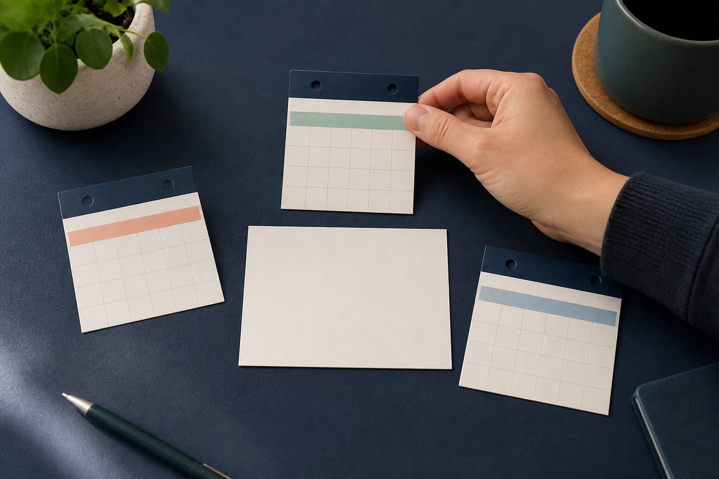 Three distinct calendar cards represent a past, present, and future reference date around one fixed birth-date card.