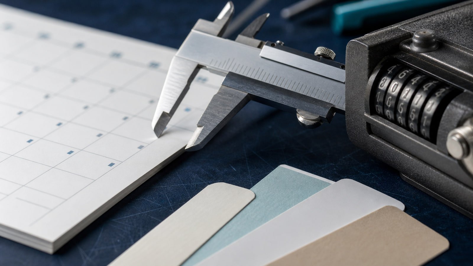 A metal caliper measures a paper calendar edge beside a mechanical counter and blank labels.