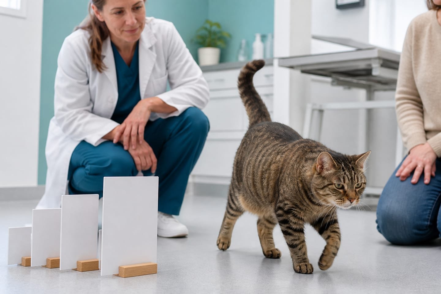 A veterinarian observes a calm older cat walking beside broad blank life-stage cards rather than a numerical age chart.