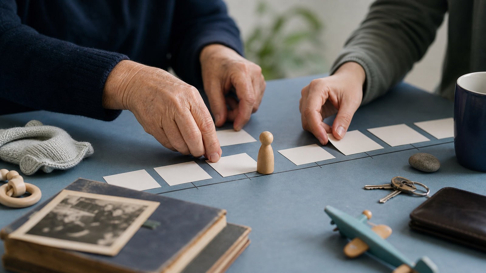 Older and younger hands arrange blank cards along a physical life timeline on a blue table.