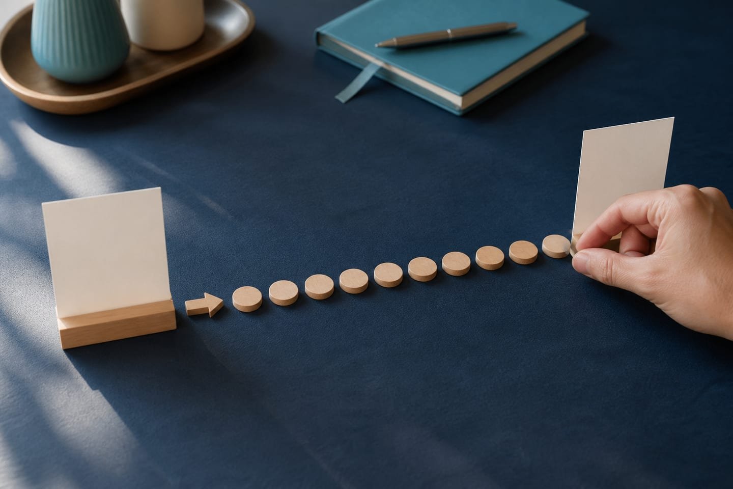 Small wooden markers trace the boundaries crossed between two blank date cards on a navy tabletop.