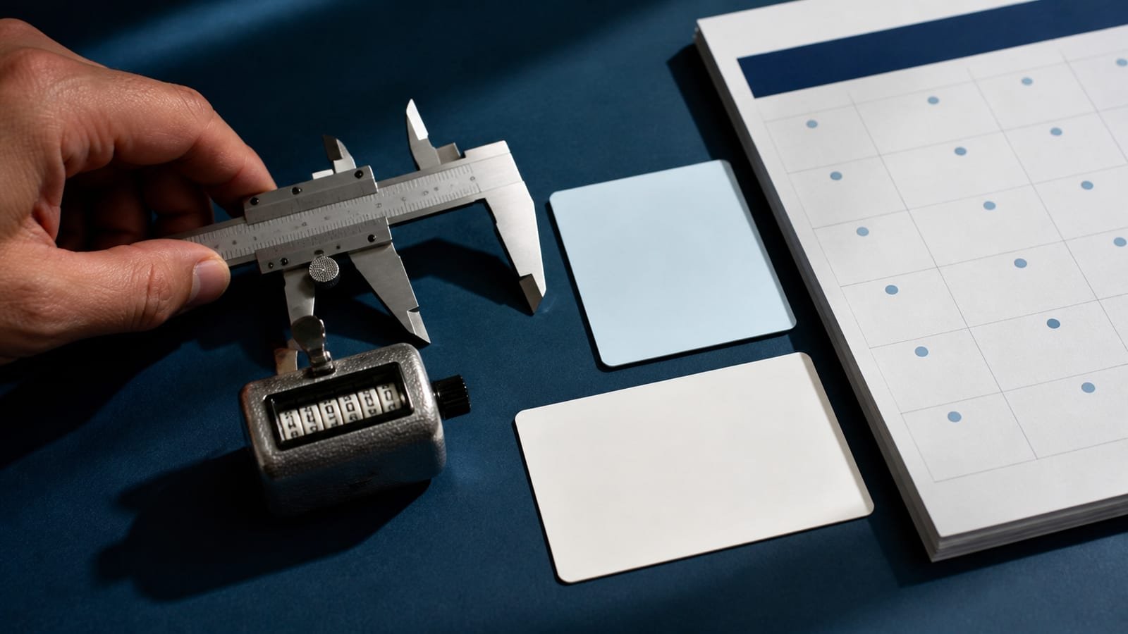 A precision caliper and mechanical counter rest beside a paper calendar, contrasting measurement with birthday-based calendar age.