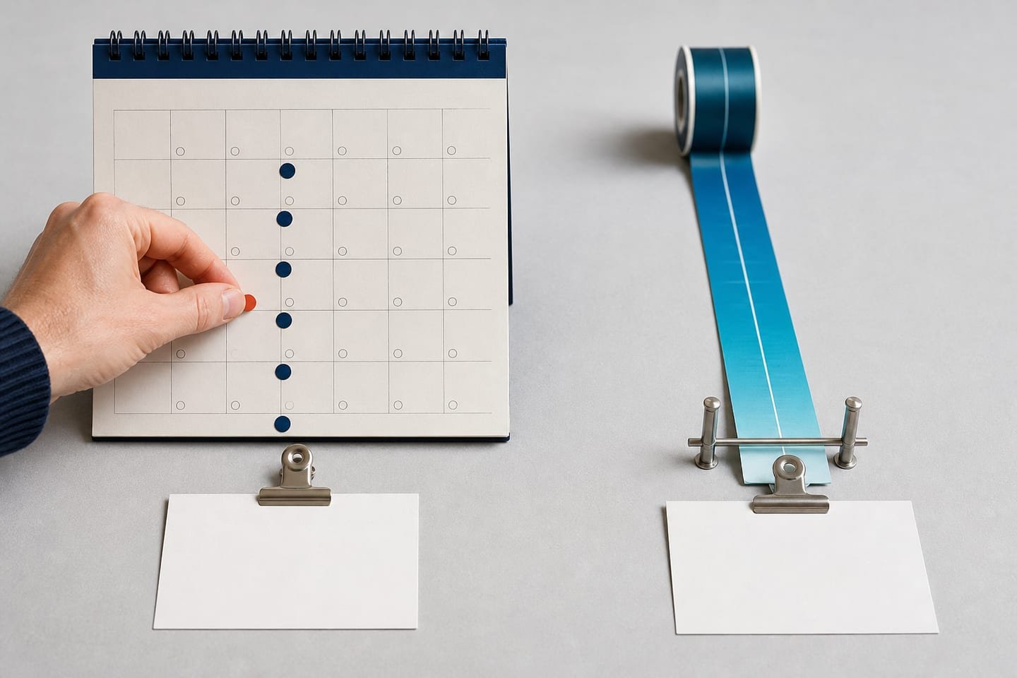 A birthday calendar and a continuous measurement scale sit side by side with separately colored result cards.