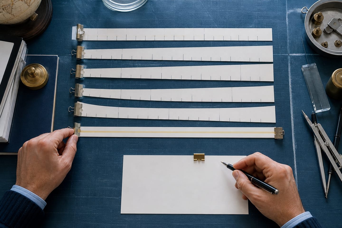 One elapsed-time strip is compared against several subtly different physical year-length templates on a measurement table.