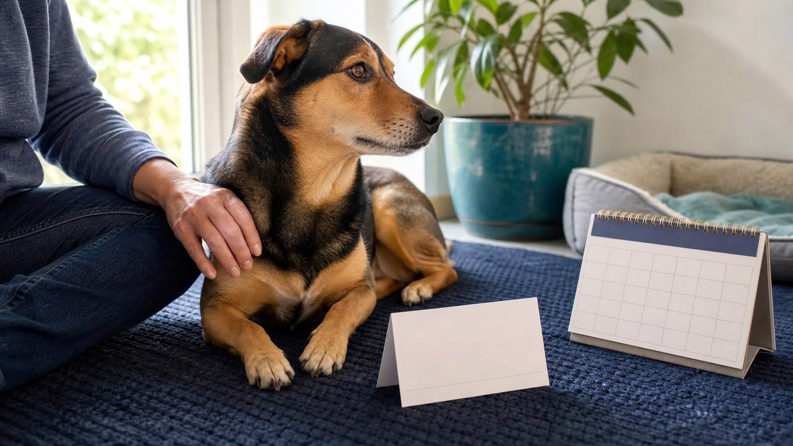 A relaxed adult dog sits with its owner beside a blank appointment card and desk calendar.