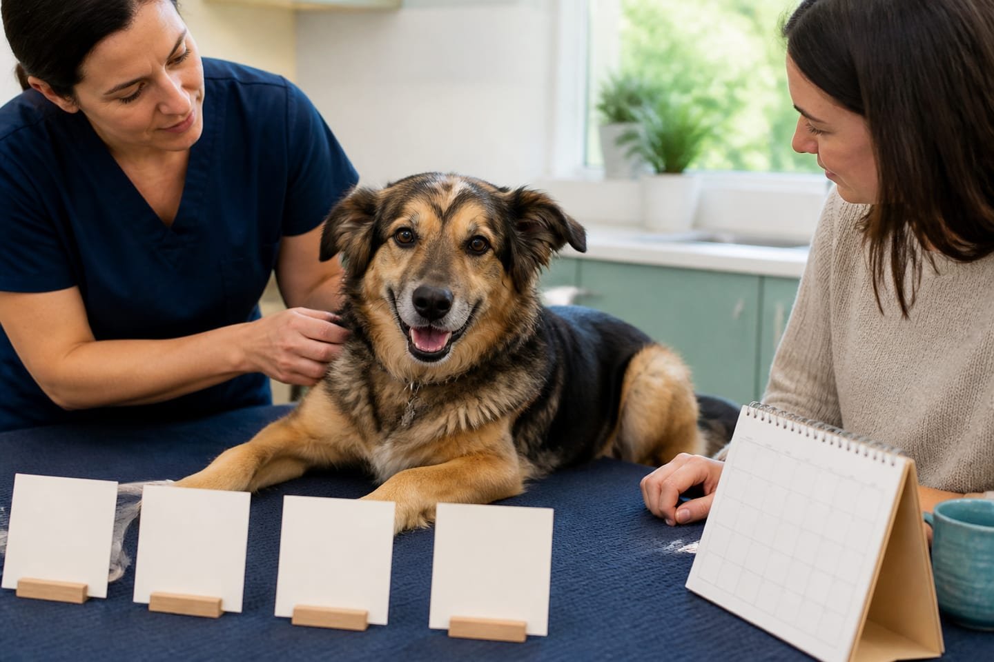 A veterinarian and caregiver observe a relaxed adult dog beside blank life-stage cards and a simple calendar.