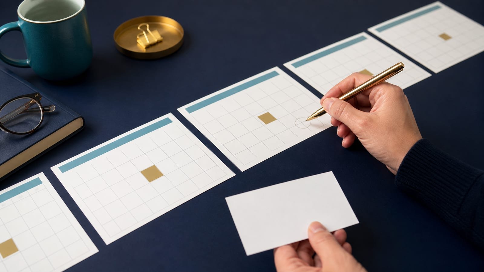 A person compares a birth-date card with several future calendar pages on a navy desk, using a pen to mark the birthday boundary.