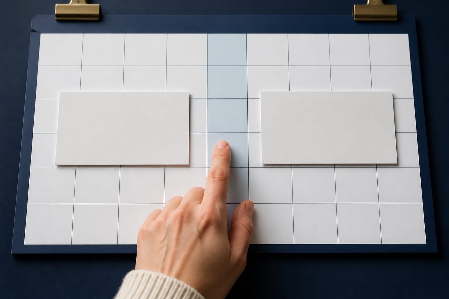 Two future-date cards fall on opposite sides of a highlighted birthday boundary on a paper calendar.