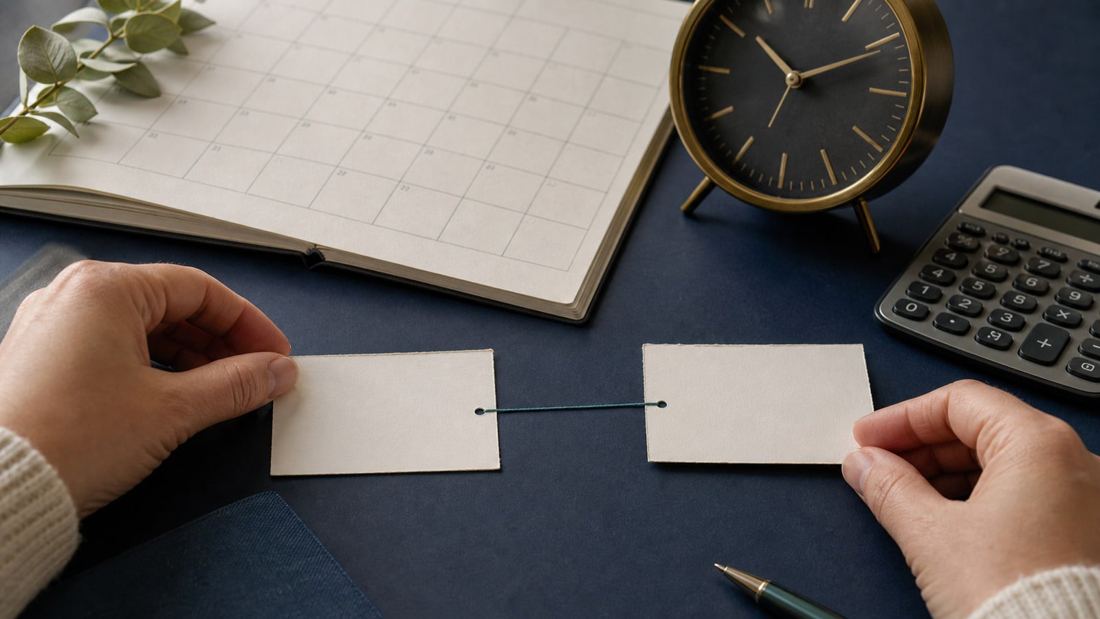 Hands align blank date cards beside a paper calendar, analog clock, and calculator on a navy desk.