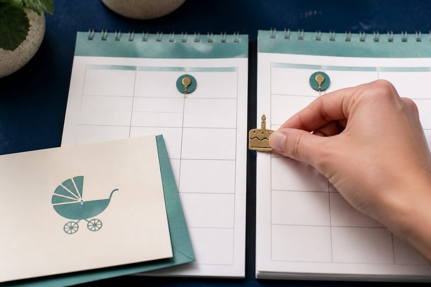 A hand places a birthday marker between the previous and next anniversary on a pair of blank calendars.