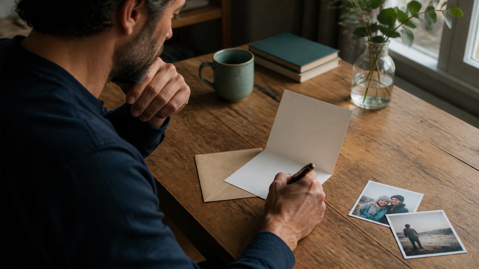 An open blank birthday card, fountain pen, envelope, and a small stack of personal photographs arranged on a warm wooden desk.