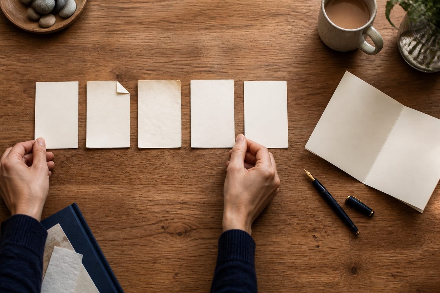 Five blank paper slips are arranged into a card-writing sequence beside a folded card and fountain pen.