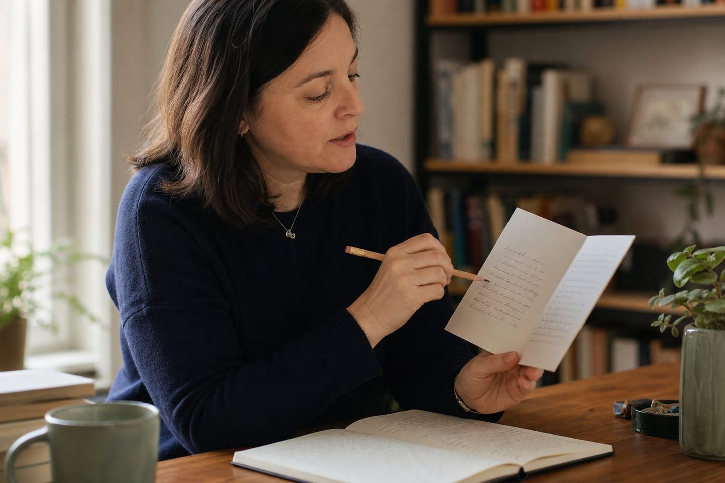 A writer quietly reads a draft card aloud while marking one sentence for revision at a home desk.
