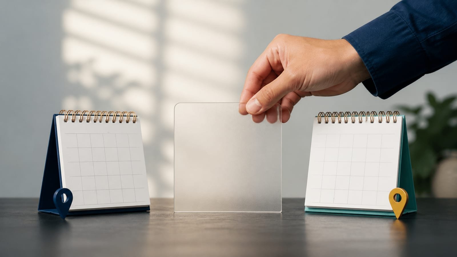 Two desk calendars and a translucent boundary card demonstrate whether the start date, end date, or both are included in a date count.