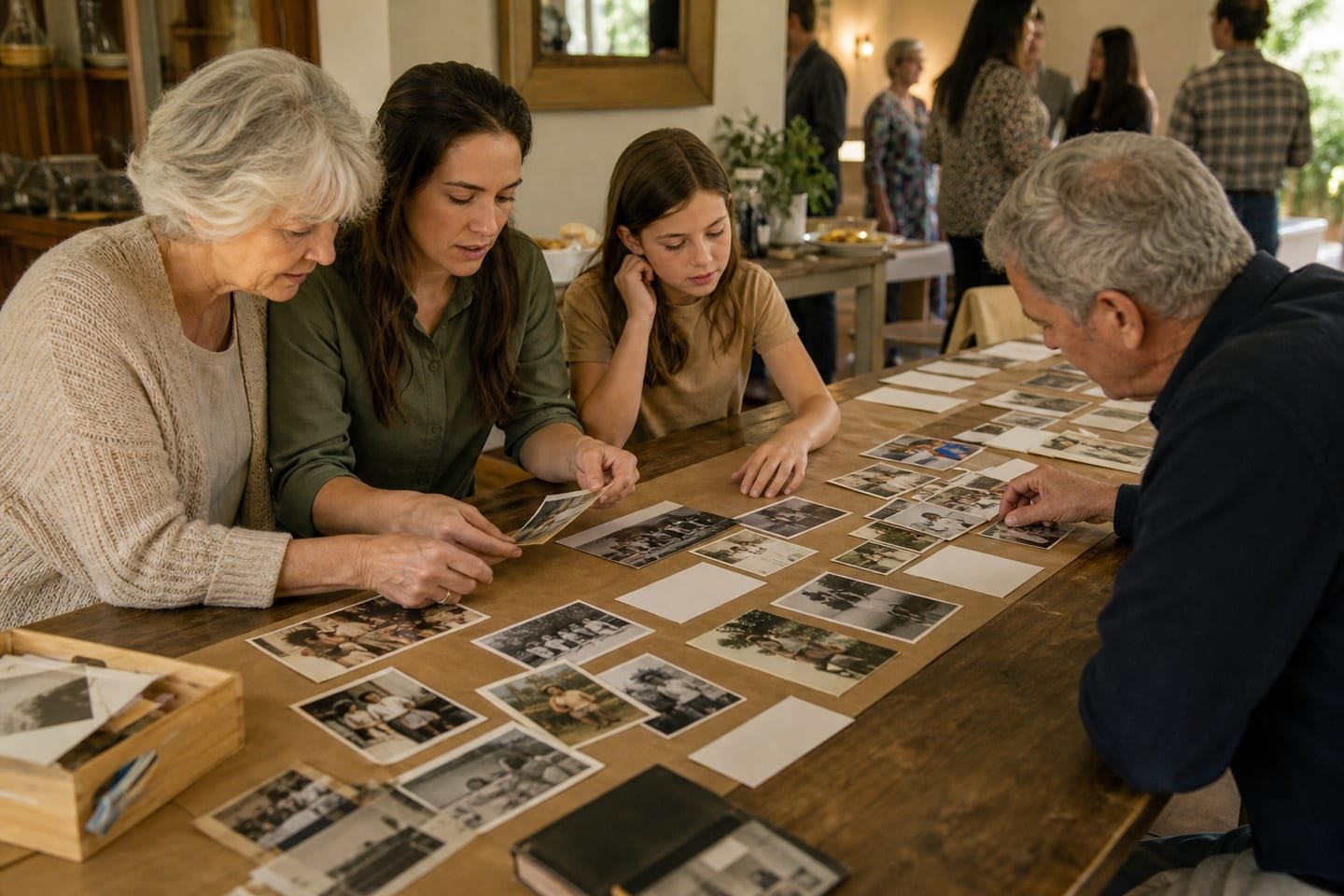 A family arranges one photograph and one blank memory card for several life chapters on a long table.