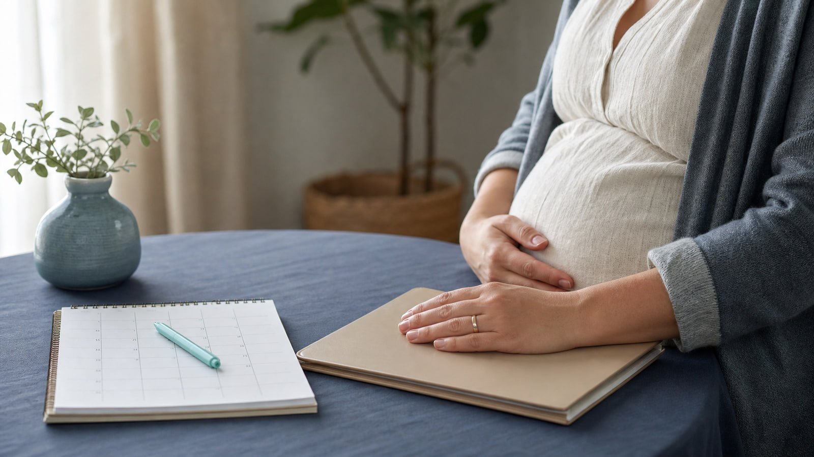 An expectant parent rests a hand beside a closed appointment folder and paper calendar.