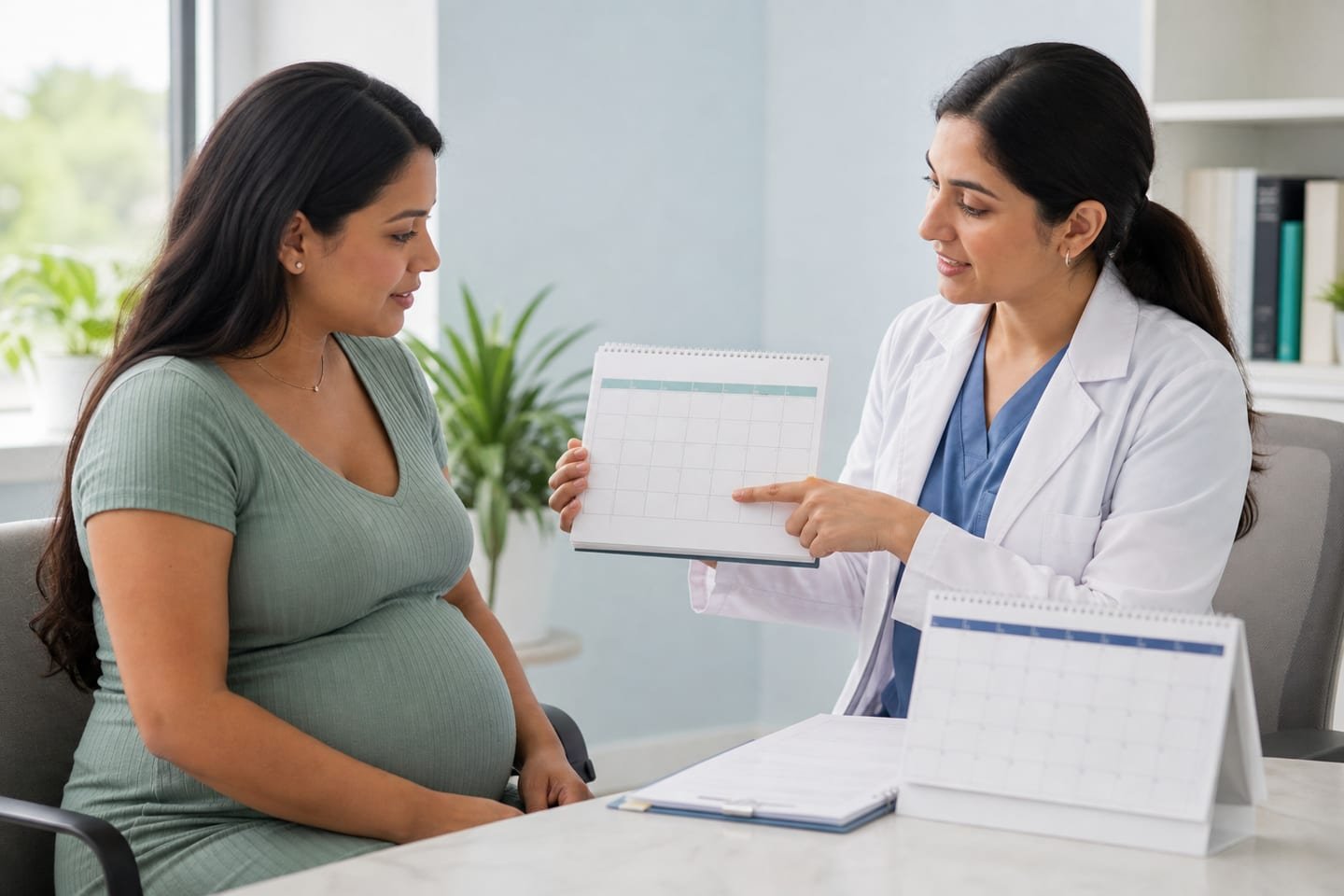 A patient and clinician compare an earlier calendar estimate with a newly reviewed prenatal record during a consultation.