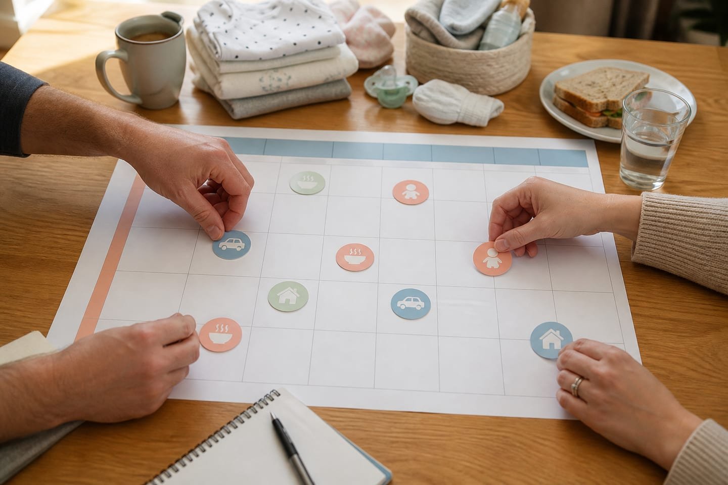 A family uses a broad blank calendar window to organize flexible support plans instead of circling a single guaranteed day.