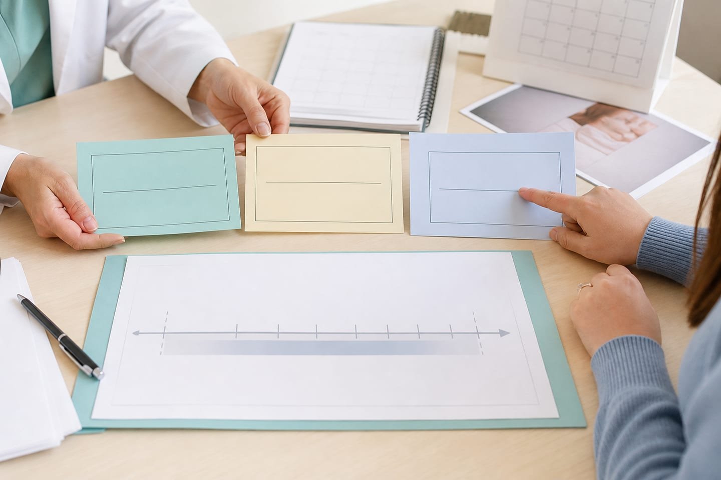 Three unlabeled clinical date cards represent menstrual, conception, and assisted-reproduction inputs beside one estimated timeline.