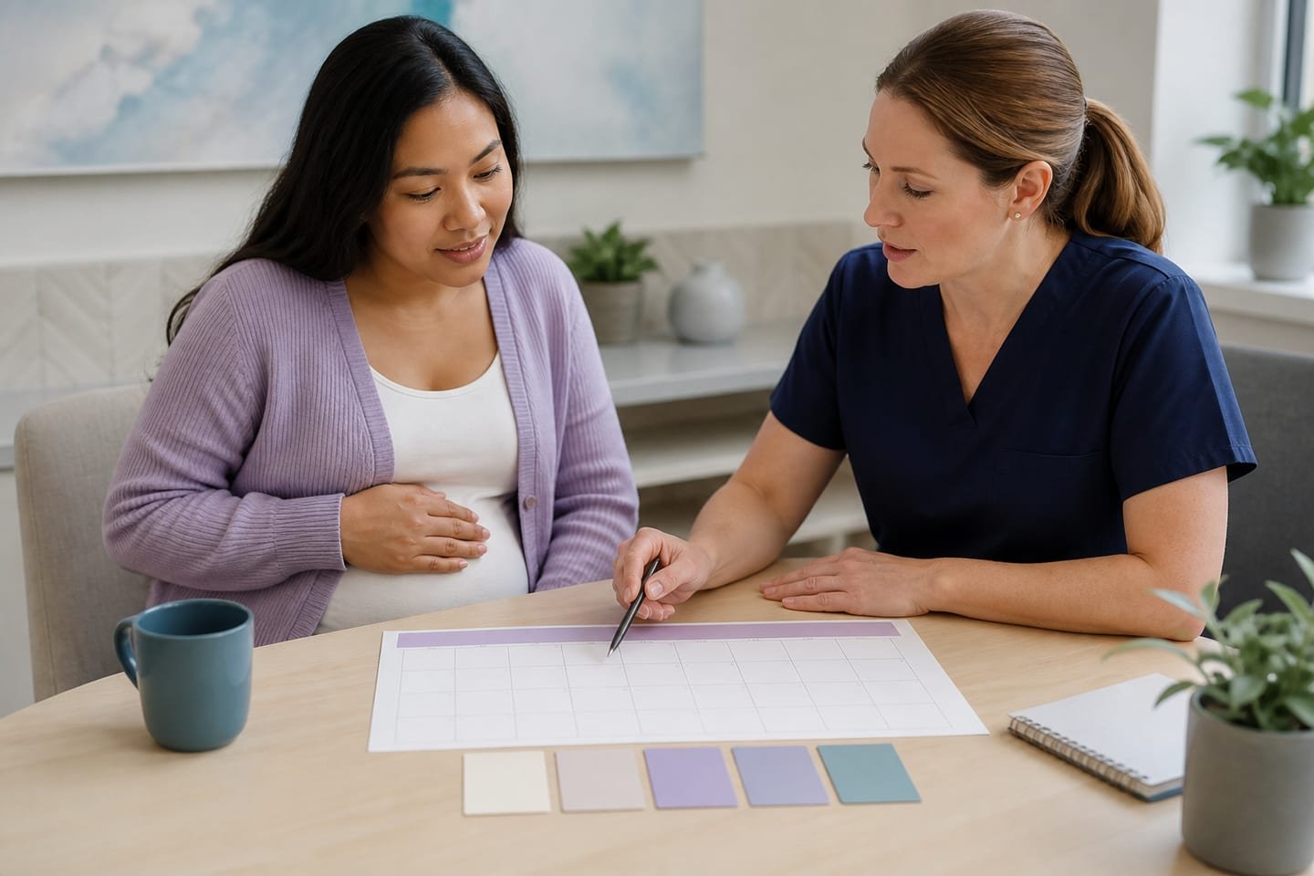 A parent-to-be reviews a blank calendar range with a clinician in a calm consultation room.