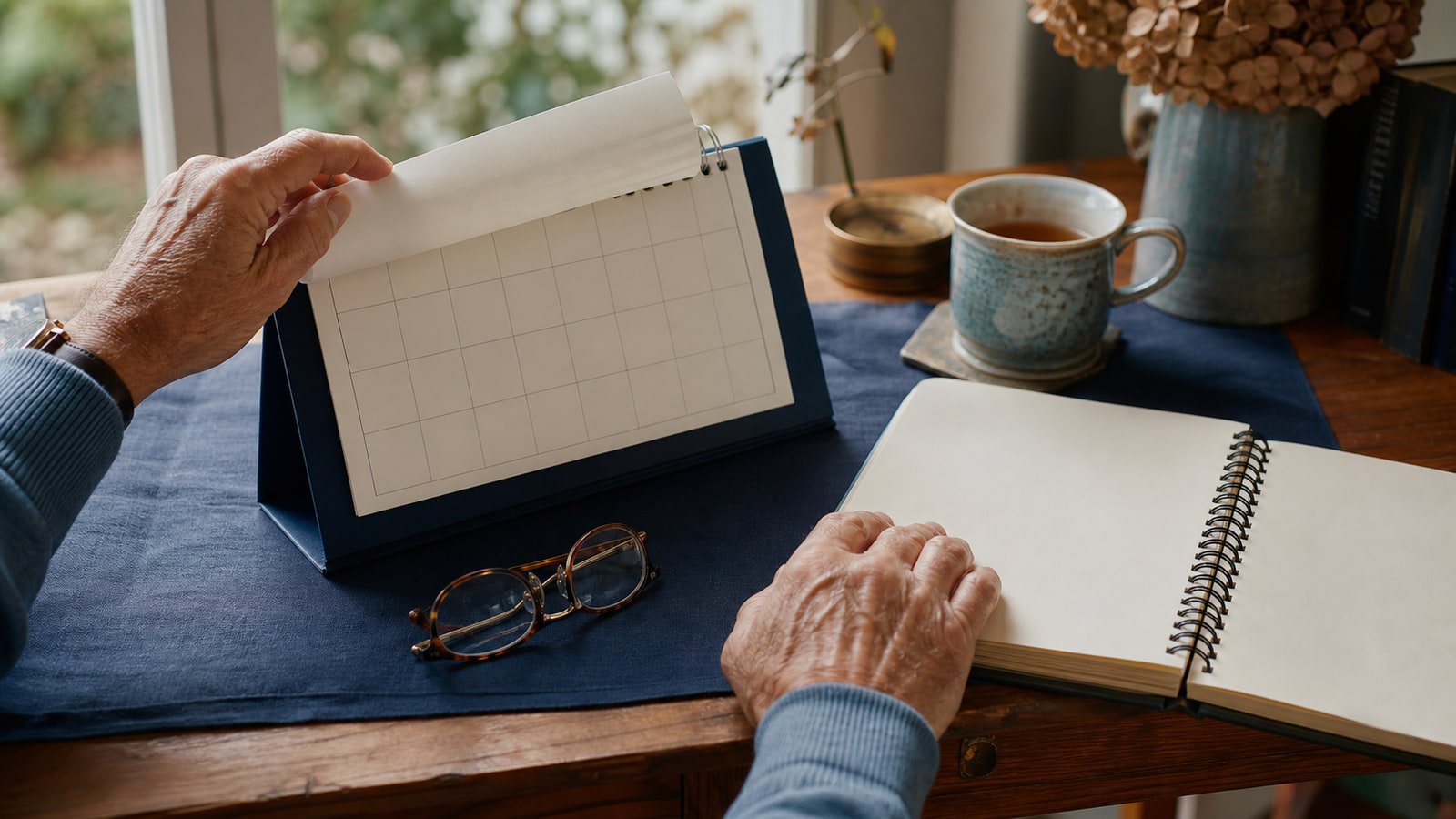 Mature hands turn a blank calendar page beside a notebook, reading glasses, and tea.
