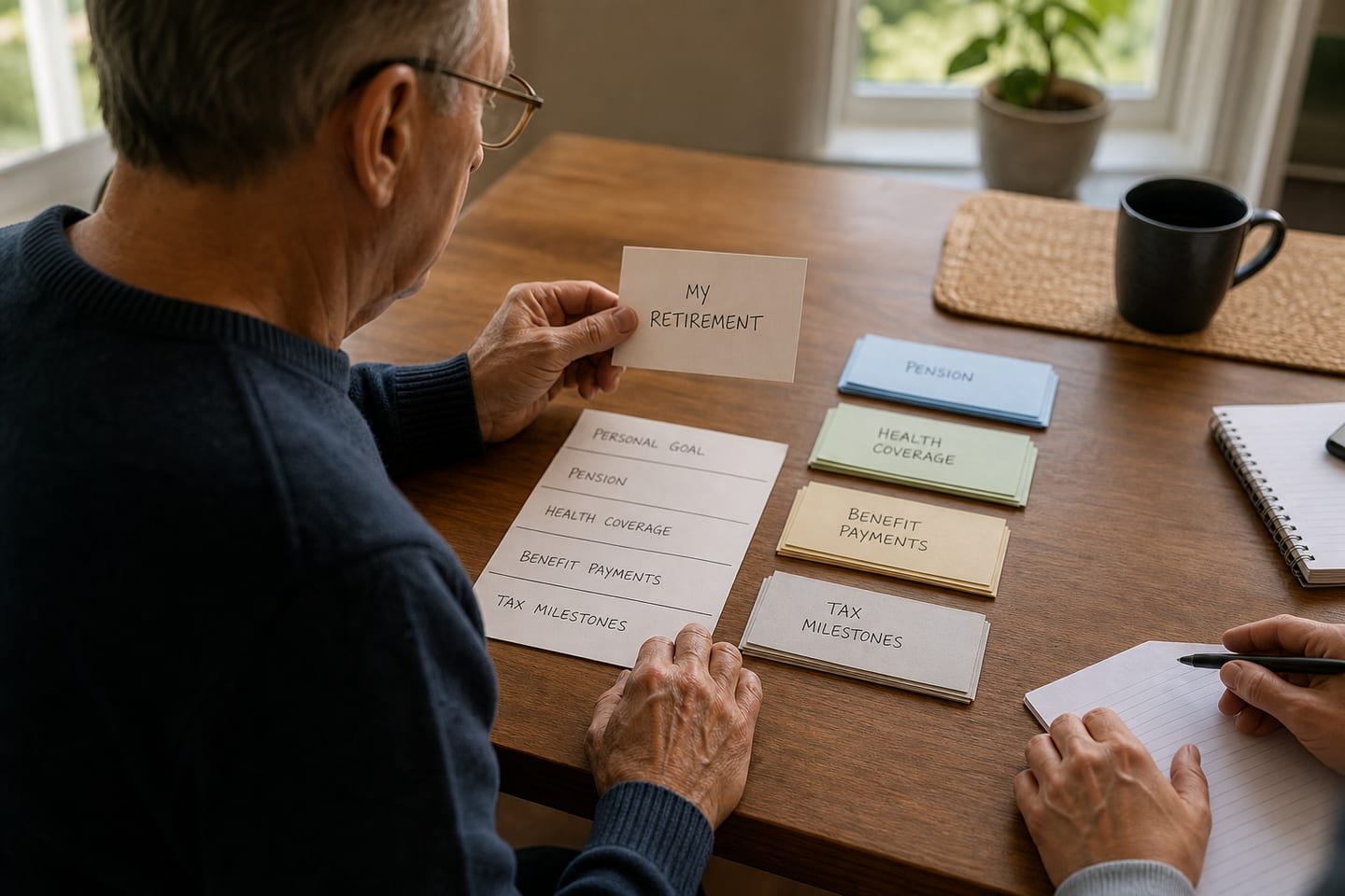 An older adult separates a personally preferred retirement card from pension, health coverage, and benefit milestone cards.