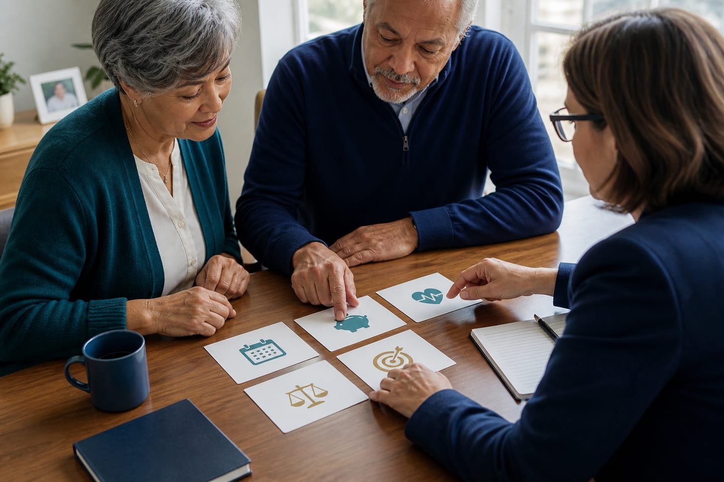 An older adult and adviser organize separate calendar, pension, health coverage, and personal goal cards.