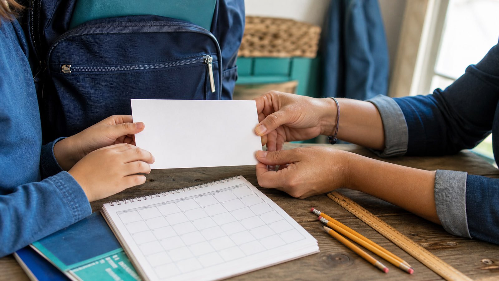 A parent and child hold a blank date card above a calendar, pencils, ruler, and school backpack.